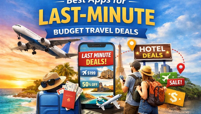 Smartphone showing last-minute flight and hotel deals with a beach, airplane, and backpackers, representing top travel apps.
