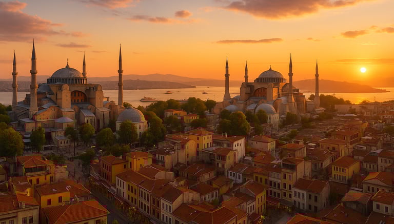 Istanbul at sunset from an elevated viewpoint, featuring the Blue Mosque and Hagia Sophia in golden light, with ferry boats o
