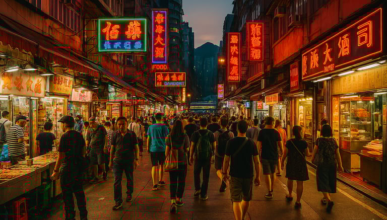 Busy street market in Hong Kong at dusk with neon signs, food stalls, and crowds of people walking between shops, with Victor