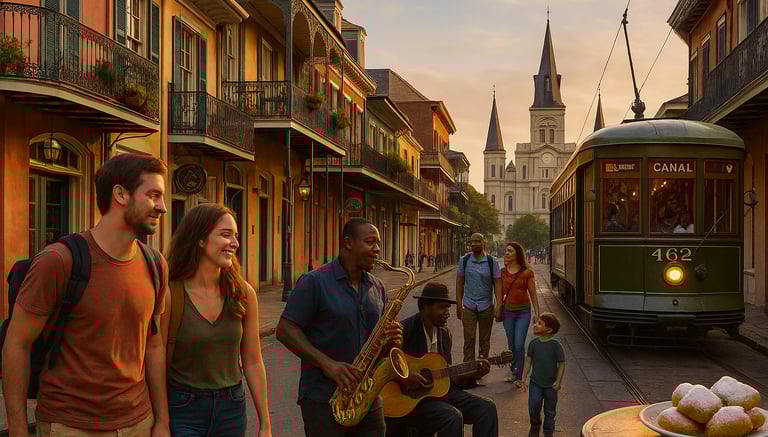 A lively street scene in New Orleans at sunset featuring a couple walking past jazz musicians playing saxophone and guitar, a
