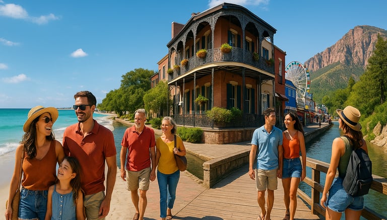 U.S. vacation scenes featuring families and couples enjoying a sunny beach, a New Orleans-style riverfront, a lively boardwal