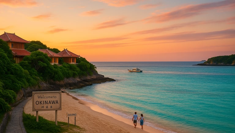 Okinawa beach at sunset with turquoise water, a couple walking on the sand, traditional Ryukyuan houses on a cliff, and a div