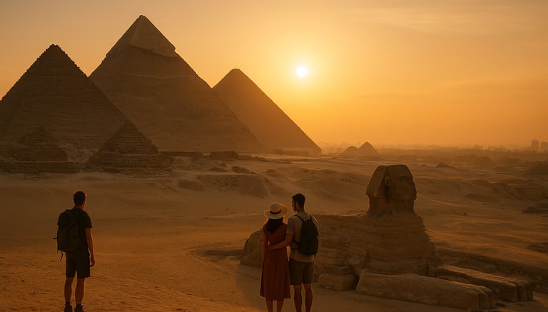 Golden hour view of the Great Pyramids of Giza and Sphinx with travelers watching the sunset — perfect visual for a Cairo and