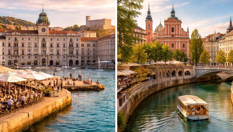 Trieste waterfront piazza and Ljubljana riverfront old town at golden hour, a crowd-free Venice alternative vibe collage