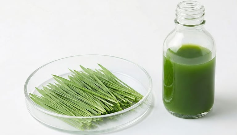 Fresh green wheatgrass blades in a glass petri dish next to a bottle of wheatgrass juice on a white background.