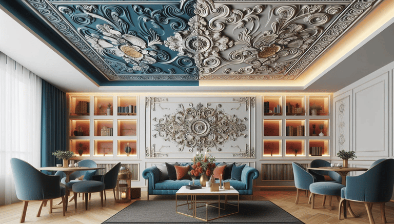 2024 interior design trend: sophisticated roof treatments with bold colors and intricate plasterwork