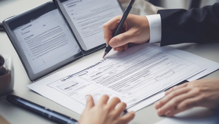 Close-up of a compliance checklist next to a laptop showing legal documents