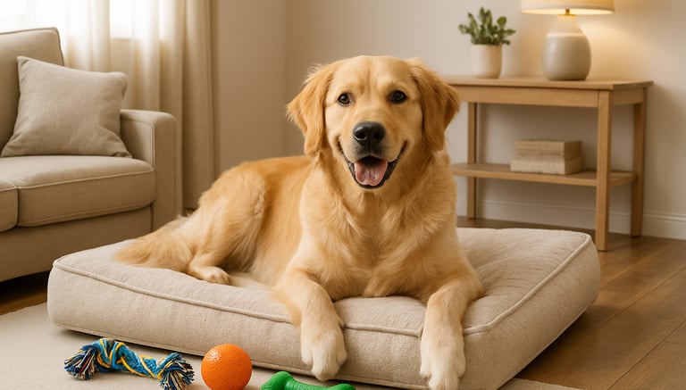 Dog lying on a cushion with toys on the floor.
