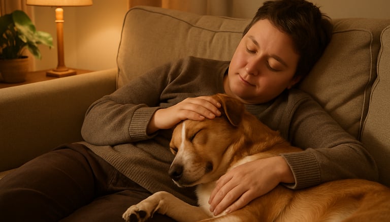 Woman on the sofa petting her dog.