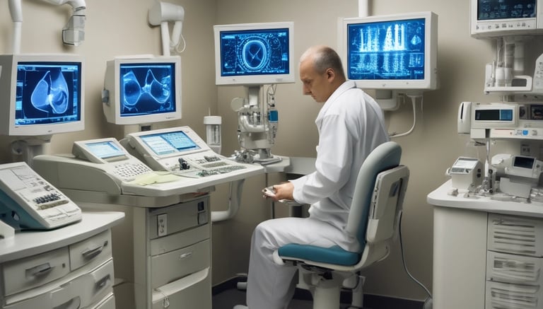 The image depicts a clean and modern hospital room featuring a hospital bed with advanced monitoring equipment attached. The room is well-lit with ceiling lights and has a large window with blinds, allowing natural light to enter. The floors are made of polished wood, and there are neutral-colored walls. Medical equipment and a computer monitor are suspended above the bed, contributing to the sterile and professional atmosphere of the room.