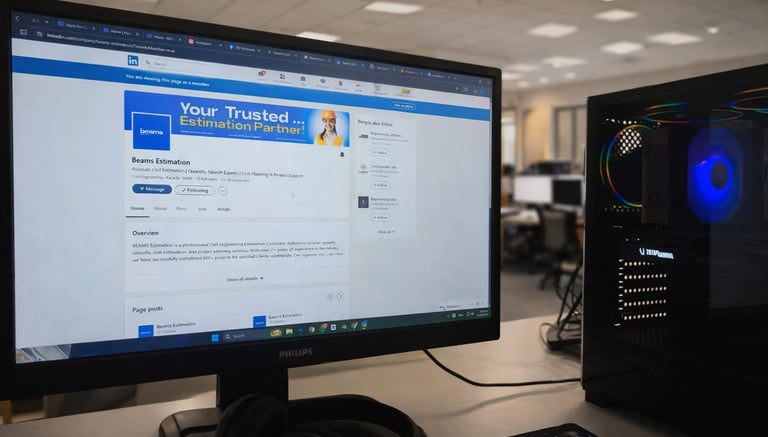 A Philips monitor displaying the Beams Estimation LinkedIn profile next to a glowing gaming PC.