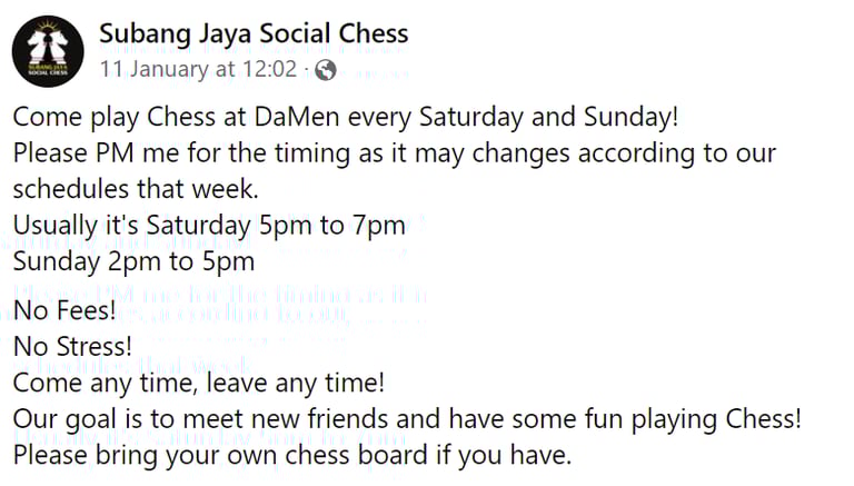 Come play Chess at Da Men Mall, Subang Jaya, Malaysia. Play Chess Malaysia