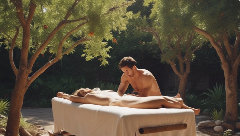 A resort complex featuring a distinctive architectural style with green roofs and white walls, set against a backdrop of lush green hills. The foreground includes palm trees and a large swimming pool, creating a tropical atmosphere.