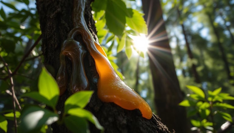close up of sap on tree in forest