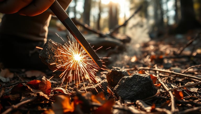 Close-up of flint striking steel, creating sparks in a rugged wilderness setting, surrounded by dry 