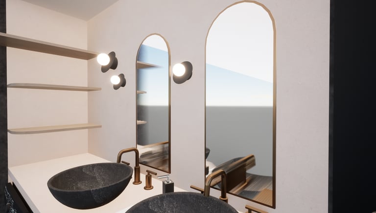 Meuble évier beige et noir avec deux vasques, deux miroirs , des appliques murales et des étagères