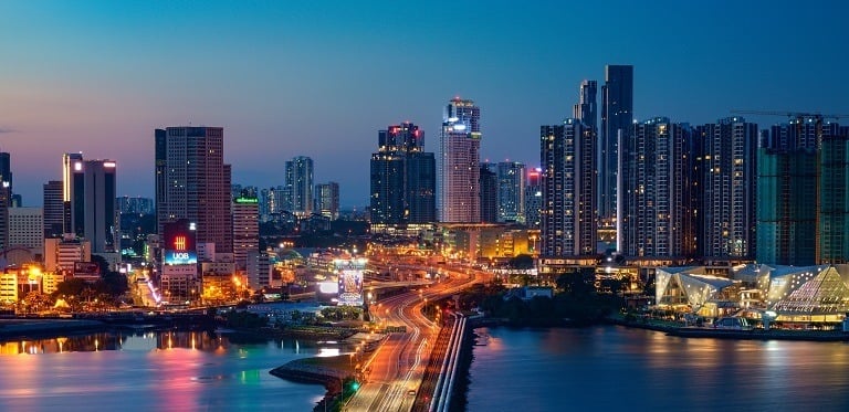 Evening skyline of Johor Bahru city showing urban lifestyle and lights