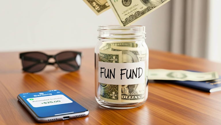 Mason jar labeled Fun Fund filled with cash next to phone showing automated twenty-five dollar savings transfer.