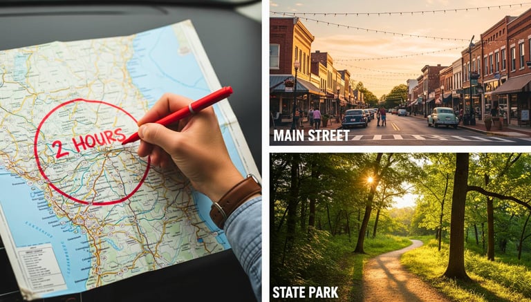Hand circling 2-hour radius on map split with scenic small town main street and state park trail views.