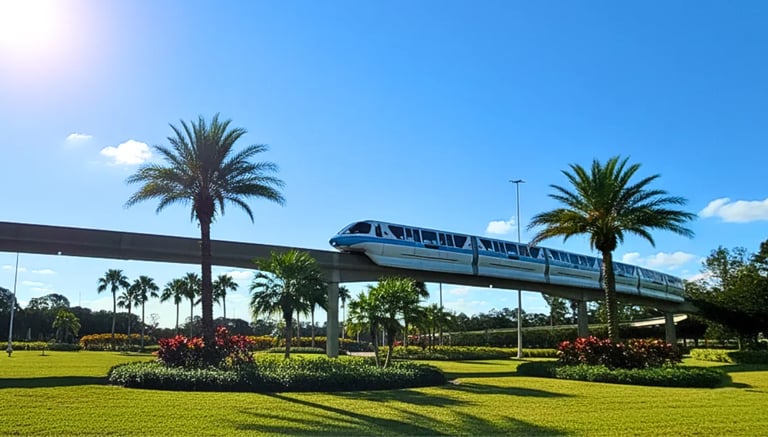 Disney World monorail train on an elevated track surrounded by palm trees and lush landscaping under a bright blue sky