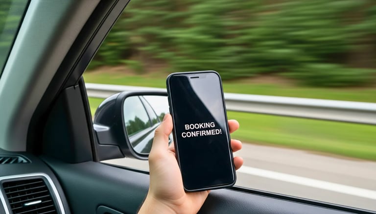 Hand holding phone with booking confirmation notification inside a car with scenic travel background.