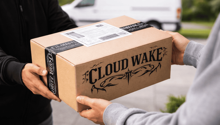 Repartidor entregando una caja de envío de cartón con la marca Cloud Wake a un cliente