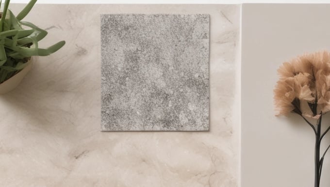 A modern interior space with a focus on minimalism. There is a large, abstract sculpture resembling a person or character with spherical forms, positioned on a surface with open books scattered alongside. The sunlight casts shadows across the room, highlighting the neutral tones and sleek, contemporary design. A decorative grid structure adds an element of intrigue on the left side. The materials used include marble and wood, contributing to the sophisticated atmosphere.