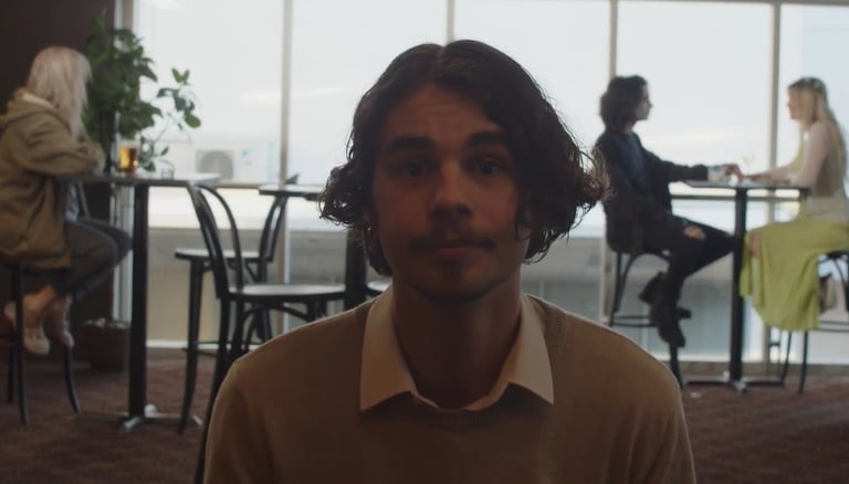 a man in a sweater and a woman in a chair