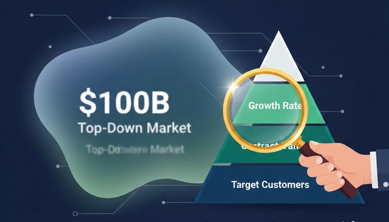 Comparison of top-down versus bottom-up market sizing models for venture capital pitch decks.