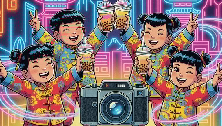 children drinking bubble tea in front of a photo booth