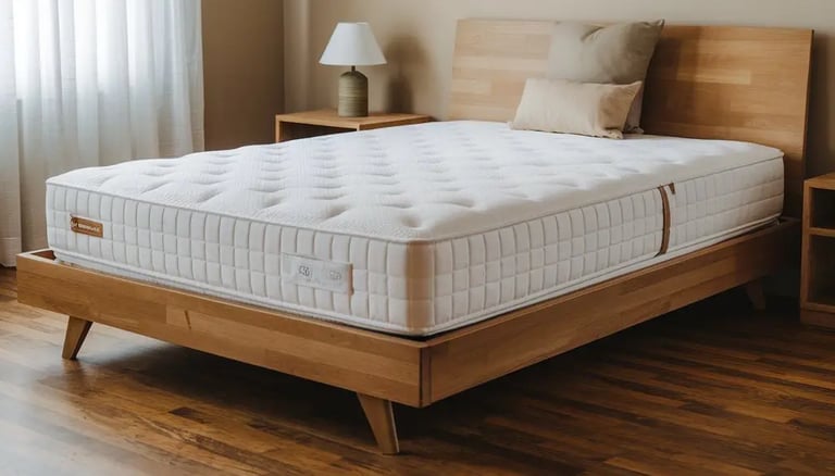 Un matelas en mousse sur un lit en bois dans une chambre