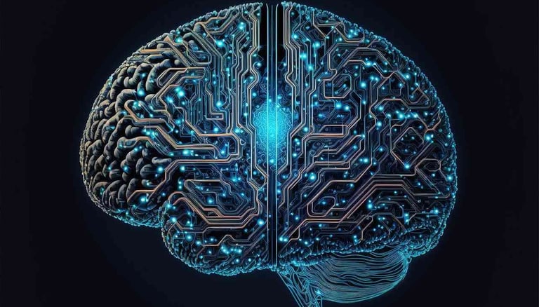 A drawing of human brain with circuitry patterns superimposed, highlighting AI and neural networks.