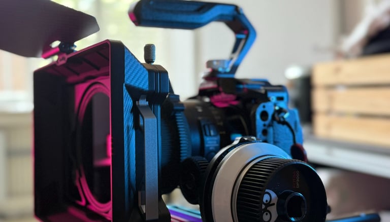 A Lumix S5 hybrid camera rigged with matte box and follow focus.