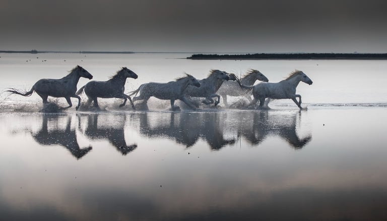 A herd of white Camargue horses galloping through shallow water with dramatic reflections.