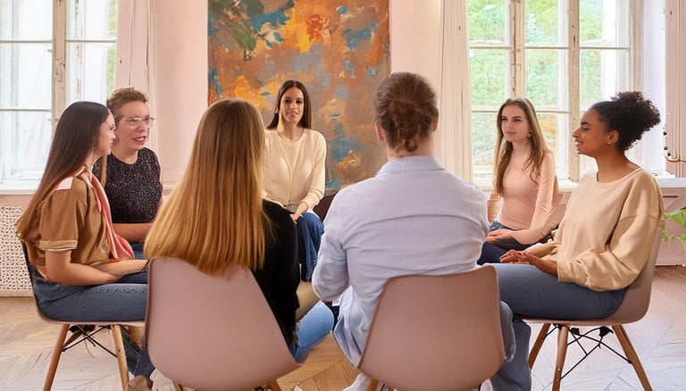 7 personnes assises en cercle lors d'un groupe de parole