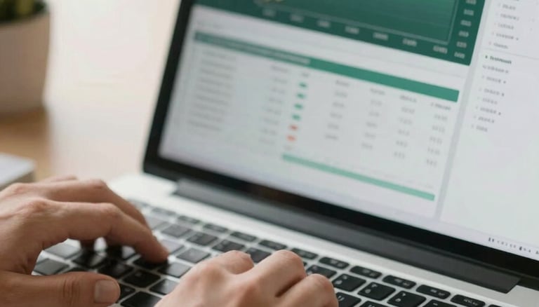 A close-up of a person's hands using a laptop displaying financial software in a bright North American / US workspace. The palette features pine green and pale icy white tones.