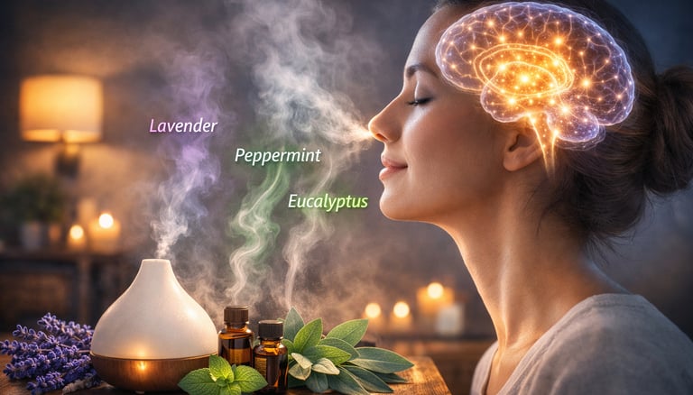 Woman inhaling essential oil mist with glowing brain, diffuser, and lavender, peppermint, eucalyptus vapor trails