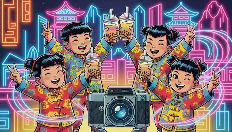 children drinking bubble tea in front of a photo booth