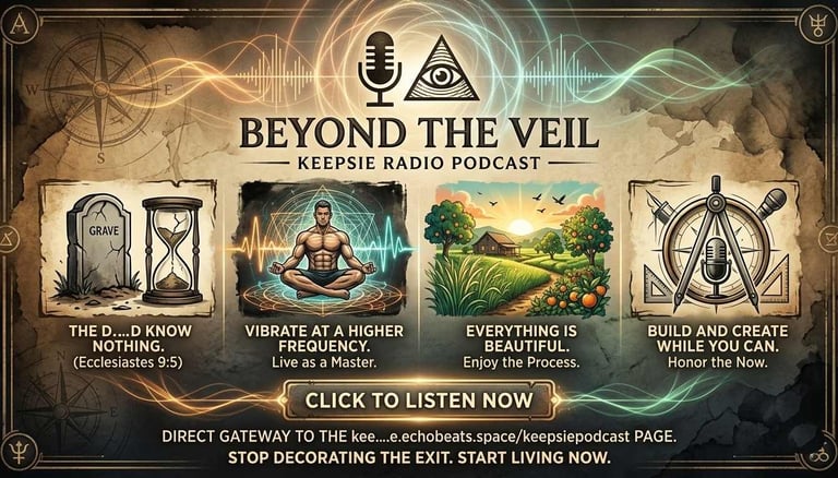 Keepsie Radio Podcast banner for Beyond the Veil featuring spiritual, masonic, and mindfulness imagery.