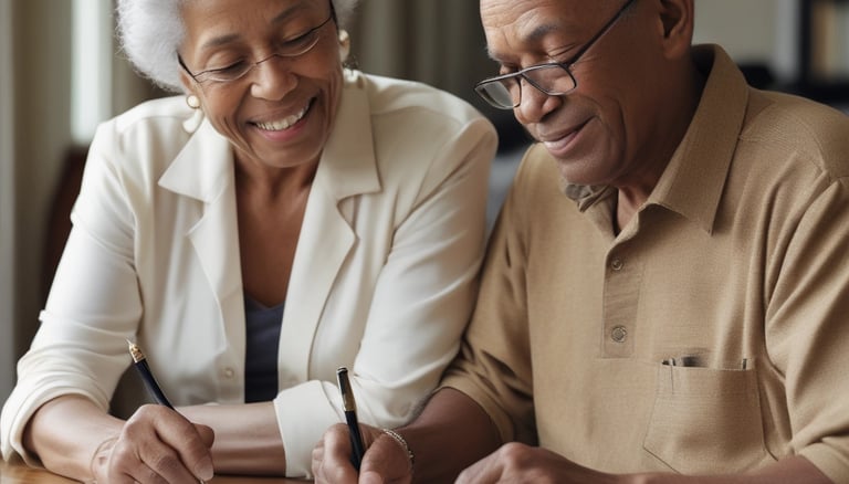 a man and woman sitting at a table with papers and papers