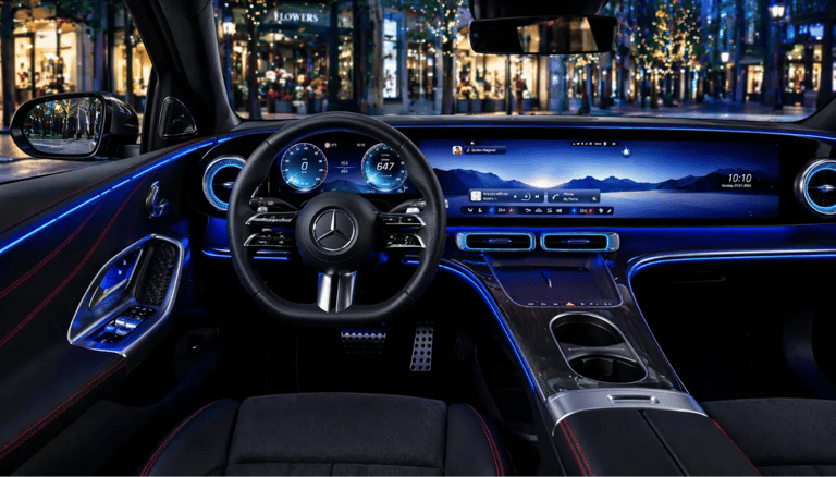 Interior do Mercedes Classe C elétrico com painel digital widescreen e iluminação ambiente azul