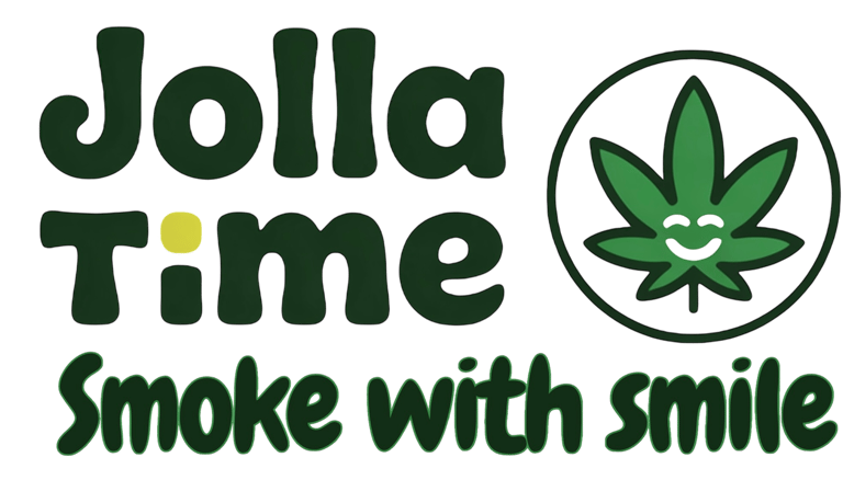 Jolla Time Smoke with Smile logo features green text, a yellow dot, and a smiling marijuana leaf icon for cannabis branding.