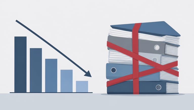 Flat-style vector illustration of a downward trending bar graph alongside a stack of document folder