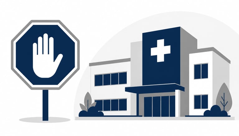 A flat-style illustration of a stop sign and a medical building symbolizing the 2026 CMS enrollment