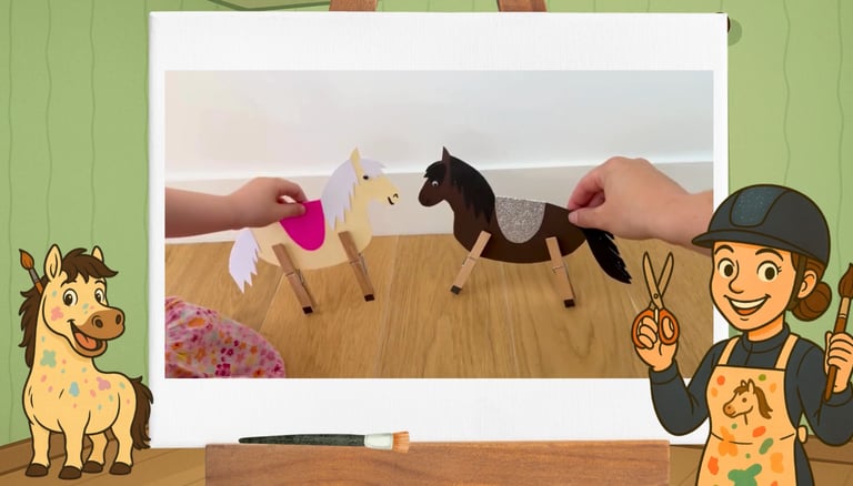 Ponytante und Kind spielen mit den selbstgebastelten Wäscheklammer-Pferden