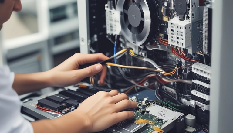 A small kiosk under a large tree, selling mobile accessories and repair services. It is named 'Ravi Communication', as indicated by signs on the storefront. The stand is neatly arranged with mobile phone covers and various accessories. A person is seated inside, seemingly attending to tasks.