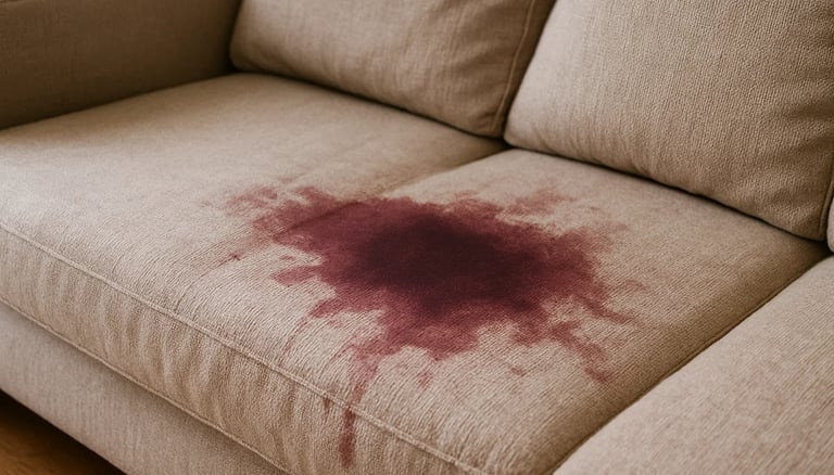 Canapé taché par du vin rouge avant intervention de nettoyage NetT à Toulouse