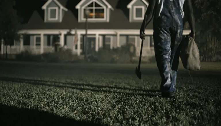a man in overalls walking in the grass
