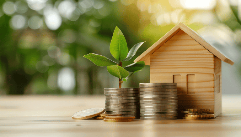 a mini house with coins and leaves sprouting for long term goals