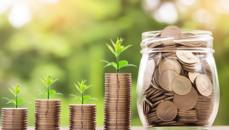 coins with leafs sprouting symbolizing growth and investing